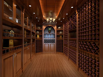 Wine Cellar Interior With Wooden Racks Wine Bottles Cabinets And Chandelier 3d model
