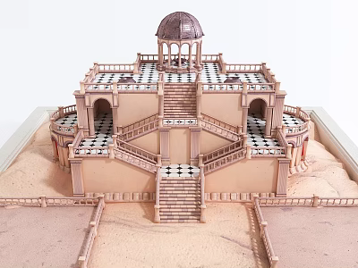 Ancient Architecture Model With Dome Stairs Checkerboard Terraces Railings And Sandy Base 3d model