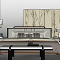 Modern Double Bed with Plant Patterned Screen Bedside Tables Lamps and Bench 3d model