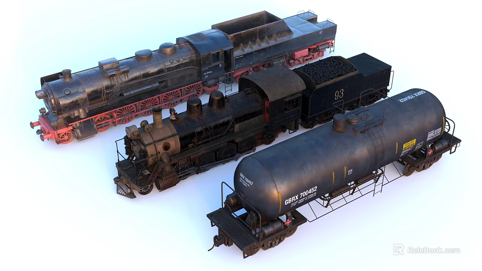 Vintage Black Steam Train Models With Coal Car And Tanker Design Details 3d model 