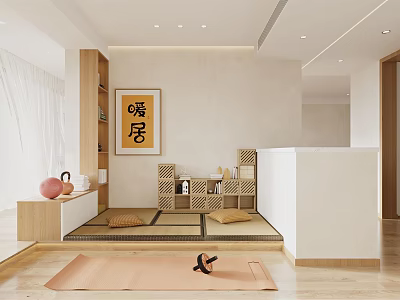Cozy Tatami Bedroom With Wooden Design Cushions Storage Shelves And Yoga Mat Warm Ambiance 3d model
