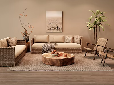 Cozy Living Room Sofa And Coffee Table Set With Beige Upholstery Round Wooden Table Woven Armchair Potted Plant And Decorative Painting 3d model