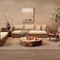 Cozy Living Room Sofa And Coffee Table Set With Beige Upholstery Round Wooden Table Woven Armchair Potted Plant And Decorative Painting