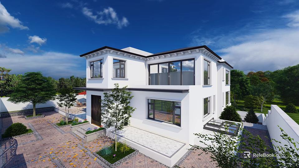 Modern Single Family House With White Exterior Two Story Large Glass Windows And Front Garden 3d model 