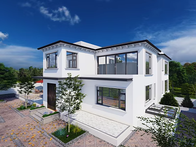 Modern Single Family House With White Exterior Two Story Large Glass Windows And Front Garden 3d model