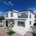 Modern Single Family House With White Exterior Two Story Large Glass Windows And Front Garden