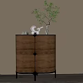Modern Walnut Wooden Entryway Side Cabinet With Sculpture Vase And Plant Decorations