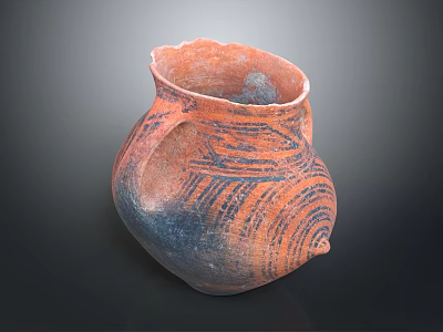 Ancient Pottery Jar With Dual Handles And Orange Blue Swirl Patterns 3d model