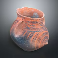 Ancient Pottery Jar With Dual Handles And Orange Blue Swirl Patterns