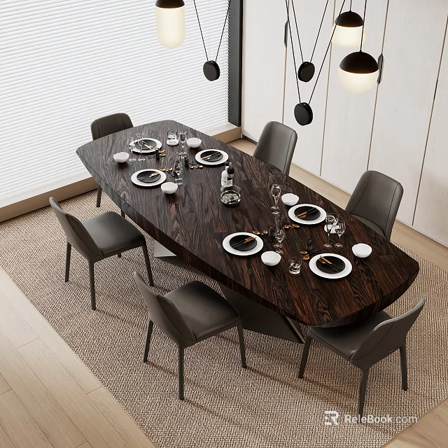 Dark Wood Oval Dining Table Set With Six Grey Chairs White Plates And Pendant Lights 3d model 