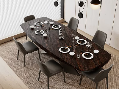 Dark Wood Oval Dining Table Set With Six Grey Chairs White Plates And Pendant Lights 3d model