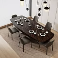 Dark Wood Oval Dining Table Set With Six Grey Chairs White Plates And Pendant Lights