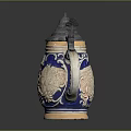 Traditional Decorative Ceramic Beer Stein With Blue Beige Patterns And Lid Design