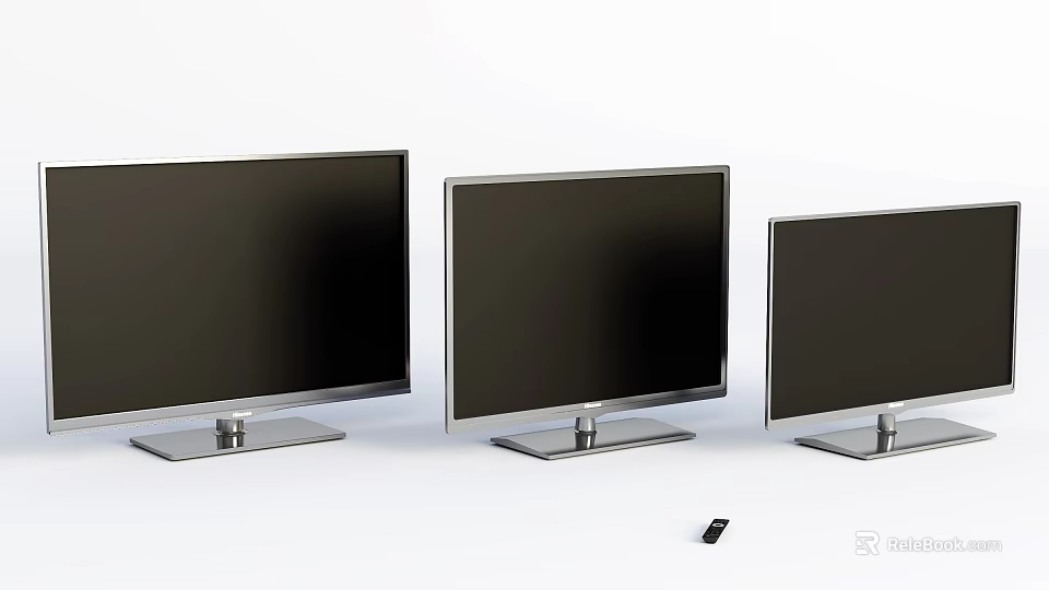 Three Different Sizes Televisions With Silver Frames Black Screens On White Background And Remote Control 3d model 