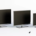 Three Different Sizes Televisions With Silver Frames Black Screens On White Background And Remote Control