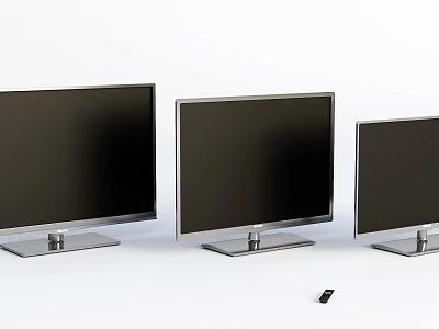 Three Different Sizes Televisions With Silver Frames Black Screens On White Background And Remote Control 3d model