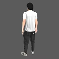 A Man Wearing White Short-Sleeve T-Shirt Black Cargo Pants and White Sneakers Against Gray Background