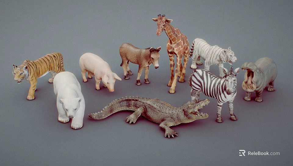 Reptile Crocodile Figurine and Other Animal Models in Collection on Gray Background 3d model 