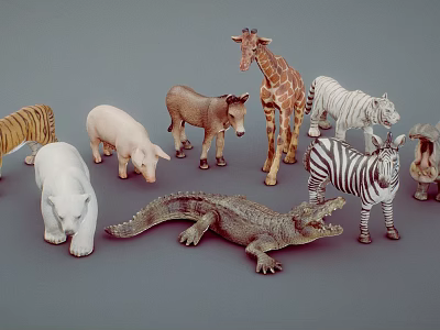 Reptile Crocodile Figurine and Other Animal Models in Collection on Gray Background 3d model