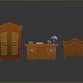 Wooden Bedroom Furniture Set Featuring Wardrobe Desk Bed and Books on Desk with Flower Vase