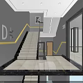 Modern Staircase Hallway Interior With Gray Walls Yellow Accent Stripes Glass Doors And Floor Tiles
