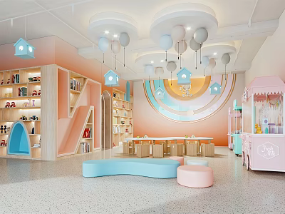 Colorful Kindergarten Interior Design With Hanging Balloons House Shaped Bookshelves And Play Area Furniture 3d model