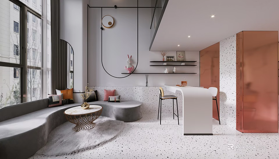Elegant Modern Apartment Living Room With Curved Sofa Round Coffee Table Terrazzo Floor And Bar 3d model 