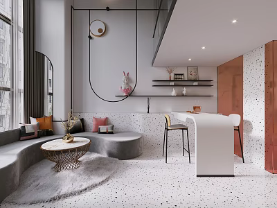 Elegant Modern Apartment Living Room With Curved Sofa Round Coffee Table Terrazzo Floor And Bar 3d model