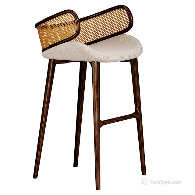 Elegant Contemporary Bar Stool With Rattan Backrest Wooden Legs And Upholstered Seat 3d model 