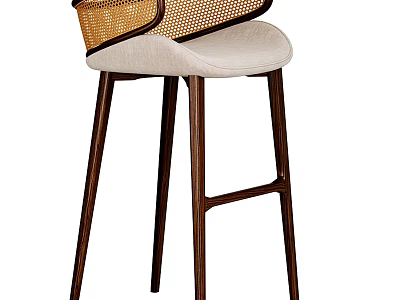 Elegant Contemporary Bar Stool With Rattan Backrest Wooden Legs And Upholstered Seat 3d model