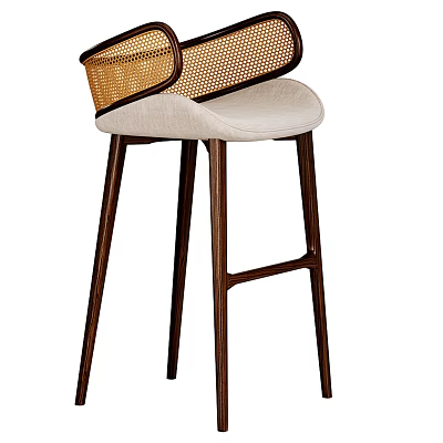 Elegant Contemporary Bar Stool With Rattan Backrest Wooden Legs And Upholstered Seat 3d model