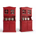 Wooden And Red Sideboard With Glass Doors Drawers For Display Plates And Wine Bottles