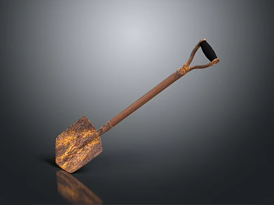 Rusted Shovel With Metal Blade And Handle On Dark Background With Reflection 3d model
