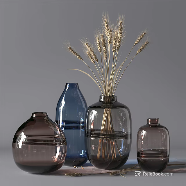 Glass Vases with Wheat Ears in Various Colors and Shapes for Home Decor 3d model 