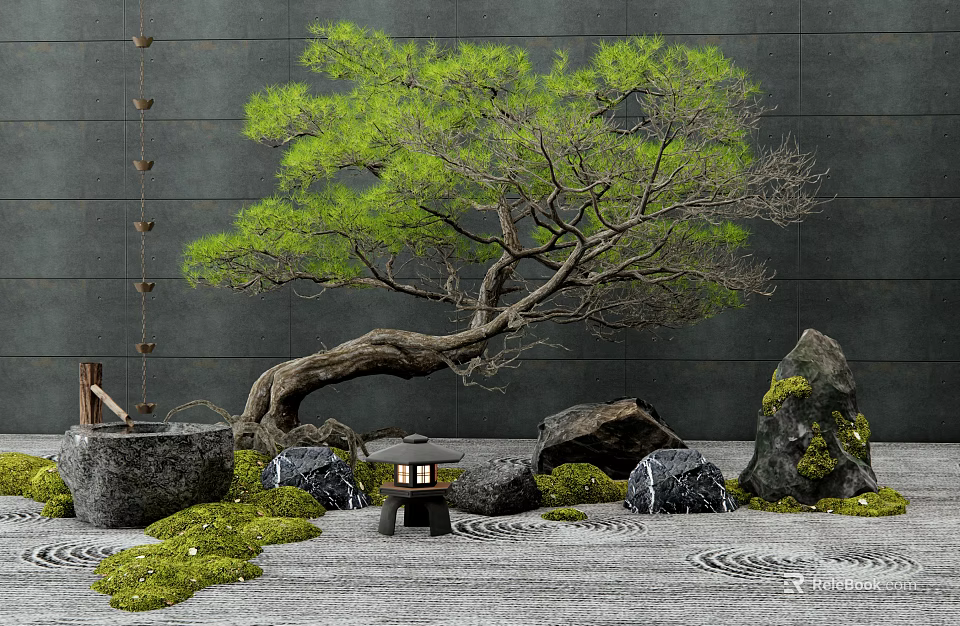 Japanese Zen Garden with Rockery Stones Green Pine Tree Stone Lantern Moss and Dark Wall 3d model 