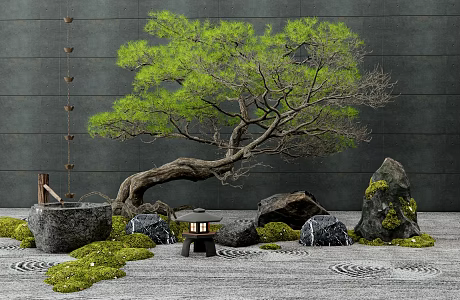 New Chinese style pine tree withered landscape stone moss courtyard landscape sketch landscape tree water bowl rain chain welcome pine plant landscaping 3d model