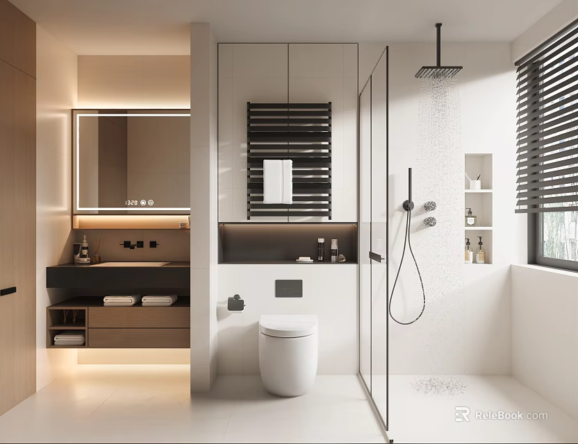 Modern Warm Toned Minimalist Bathroom With Wall Mounted Vanity Smart Toilet And Glass Shower Space 3d model 