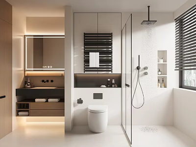 Modern Warm Toned Minimalist Bathroom With Wall Mounted Vanity Smart Toilet And Glass Shower Space 3d model
