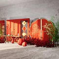 Chinese Style Banquet Hall With Red Decorations Dragon Phoenix Design Double Happiness Symbol And Lanterns