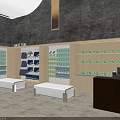 Fun Themed Clothing Store Interior With Wooden Shelves White Benches And Arched Ceiling