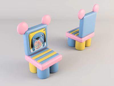 Cute Colorful Kids Chair With Blue Pink Yellow Design And Cartoon Character 3d model