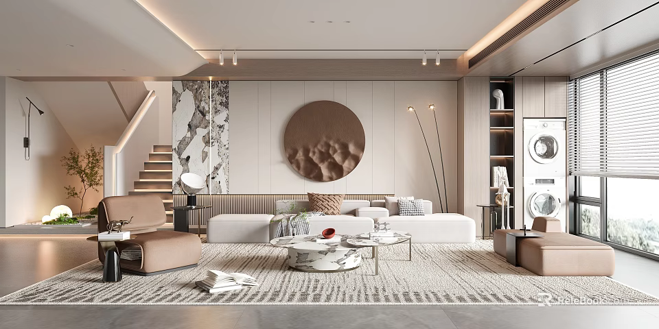 Modern Elegant Living Room Interior With Round Decorative Painting Sofa Coffee Table And Rug 3d model 