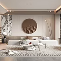 Modern Elegant Living Room Interior With Round Decorative Painting Sofa Coffee Table And Rug