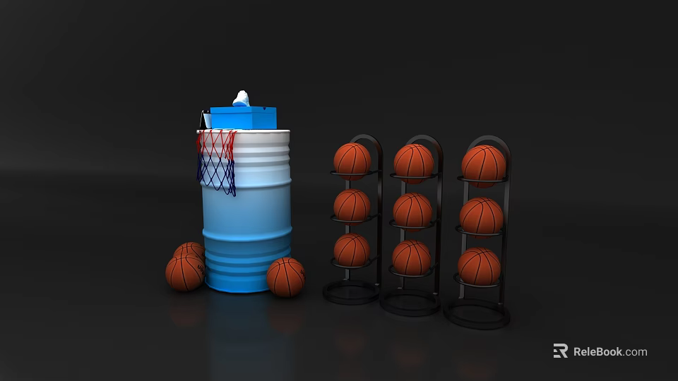 Basketball Training Setup With Blue Barrel Hoop And Multi Tiered Storage Racks 3d model 