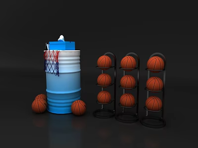 Basketball Training Setup With Blue Barrel Hoop And Multi Tiered Storage Racks 3d model