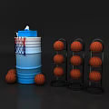 Basketball Training Setup With Blue Barrel Hoop And Multi Tiered Storage Racks