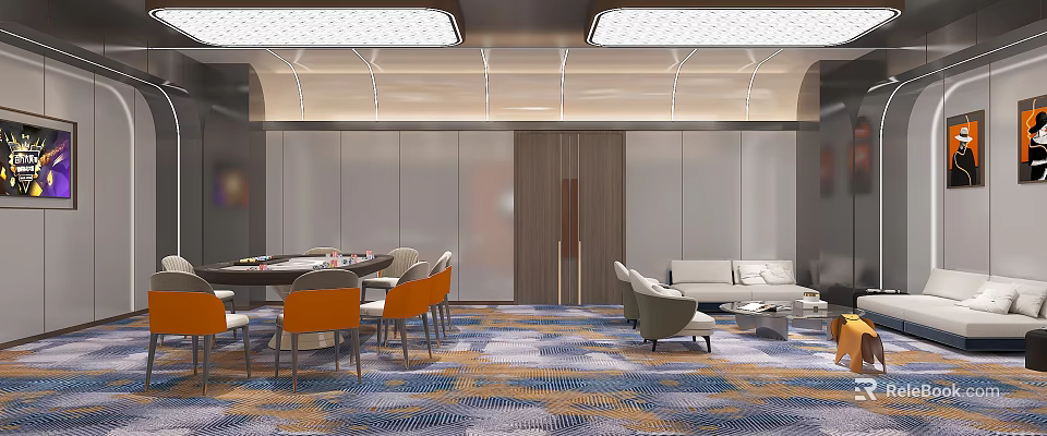 Modern Lounge Interior With Gray Sofa Orange Chairs Wooden Table And Patterned Carpet Lighting 3d model 