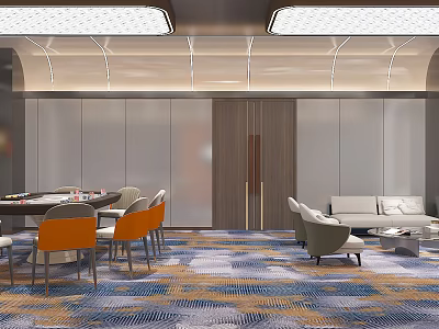 Modern Lounge Interior With Gray Sofa Orange Chairs Wooden Table And Patterned Carpet Lighting 3d model