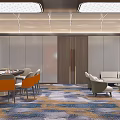 Modern Lounge Interior With Gray Sofa Orange Chairs Wooden Table And Patterned Carpet Lighting