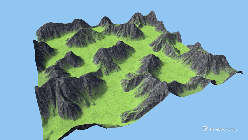 3D Terrain Model with Green Grass and Black Mountains Against Blue Sky 3d model 